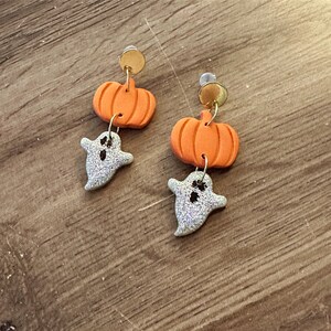 Glitter Ghost Clay Earrings, Halloween Earrings, Ghost Earrings, ghosts and pumpkins earrings