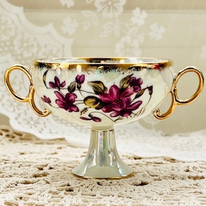 Vintage Lusterware Small Compote Dish with Purple Flowers and Gold Trim Imported Expressly for Loft Japan Collectible Ceramic Cup Home Decor