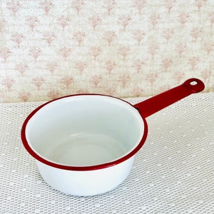 Vintage White and Red Enamel Ware Small Saucepan Farmhouse Country Kitchen Decor