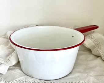 Vintage Large Enamelware Red Trim | White Pot | Stewpot | (2  2 Vintage Red white enamel ware pots with handles main image 0