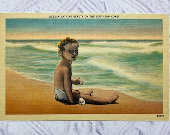 Beach Vintage Linen Postcard A Bathing Beauty On The Southern Coast Published by Asheville Post Card Co Circa 1940's