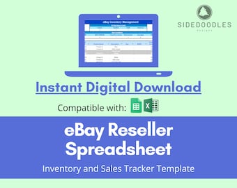 May include: A blue and white digital spreadsheet template for eBay sellers. The template is compatible with Excel and Google Sheets. The image shows a laptop screen with a sample of the spreadsheet, which includes columns for product name, description, size, MSRP, cost, and more.