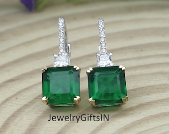 5Ct Asscher Cut Green Emerald Diamond Drop/Dangle Hook Earrings 14K Two Tone Gold Finish Engagement Wedding Earrings Birthday Gift Earrings