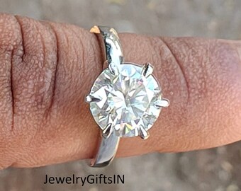 2,75 kt (9 mm) rond geslepen laboratoriumdiamant-moissaniet trouwring/massief gouden ring-solitaire ring/6 stekelsring-925 sterlingzilveren ring/CZ-ring