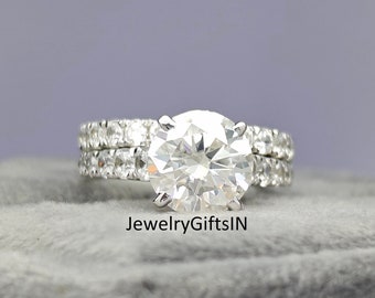 3.50Ct(9MM)Round Cut White All Moissanite Engagement Ring And Band-Solitaire Ring Set- Bridal Ring Set-925 Silver Ring Set-14K/18K Gold Ring