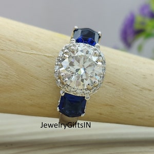 2.50Ct Round Moissanite & Side Blue Sapphire Bullet Halo Wedding Ring-Real 14k/18K White Gold Ring-Unique 3-Stone Ring, CZ Ring-Gift Ring