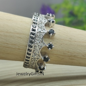 1 CT White And Black All Moissanite Engagement Ring- Crown Promise Rings-Queen Ring For Her Tiara Inspired-Diamond Ring-Solid Gold & Silver