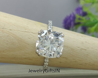 4.18 Ct Colorless Cushion Cut Lab Dimond & Moissanite Engagement Ring-Cushion Cut Solitaire Wedding Ring-Silver , 14K/18K Solid Gold Ring