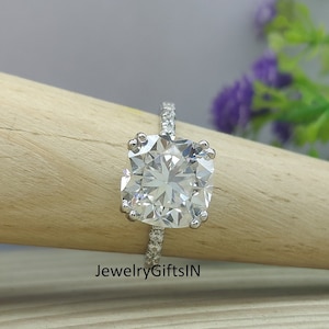 4.18 Ct Colorless Cushion Cut Lab Dimond & Moissanite Engagement Ring-Cushion Cut Solitaire Wedding Ring-Silver , 14K/18K Solid Gold Ring