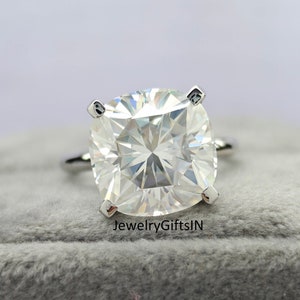 6.00 Carat (11mm) Cushion Moissanite & Lab Diamond Engagement Ring-14k/18K White/Yellow/Rose Gold-Ring-Cushion Solitaire Ring- Gift Ring