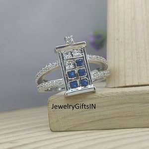 Blue And White Princess Cut Engagement Ring-Wedding Ring 1 CT Doctor Who Inspired Tardis-Moissanite Diamond Sterling Silver--White Gold Ring