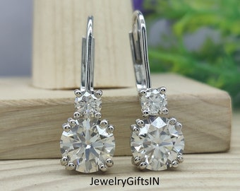 3.80 Ct Solitaire 2-Stone Round Moissanite Wedding Earrings / Drop-Dangle Earrings For Birthday Gift - Lever back Earrings in 14k/18K Gold