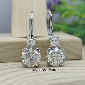 3.80 Ct Solitaire 2-Stone Round Moissanite Wedding Earrings / Drop-Dangle Earrings For Birthday Gift - Lever back Earrings in 14k/18K Gold