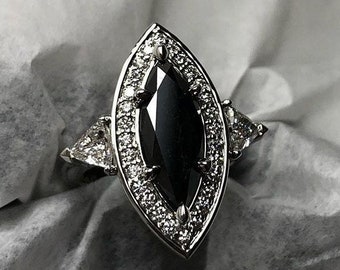 1.30 Carat Marquise Cut Black Onyx Wedding Ring 14k White Gold Plated Engagement Ring Women Ring Side Triangle /& Halo Diamond Bridal Ring