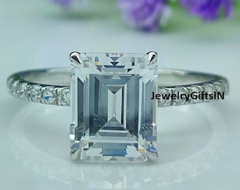 8x10 MM Real Emerald Cut Real Moissanite Engagement Ring/Hidden Halo Ring/14K/18K Solid White Gold Ring/925 Silver Ring/Wedding Gift Ring