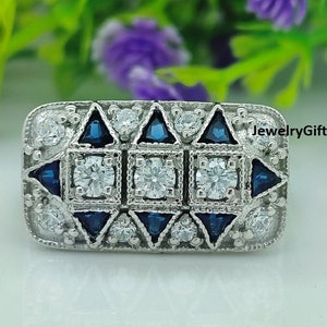 2.10 TCW Round Diamond &Blue Vintage Ring/Wedding Engagement Ring/Vintage Ring/14K/18K Solid White Gold/Mid Century Ring/925 Sterling Silver