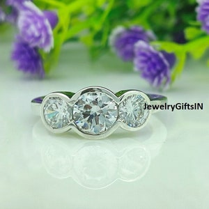 3 Stone Moissanite Ring, Round Cut 2.50 CT Moissanite 3 Stones Bezel Set 14k/18K White Gold Engagement Ring/925 Silver Ring/Anniversary Ring