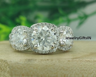 5Ct Three Stone Real Moissanite Halo Beautiful Engagement Ring 925 Sterling Silver 3 Stone Anniversary And Wedding Genuine Moissanite Ring