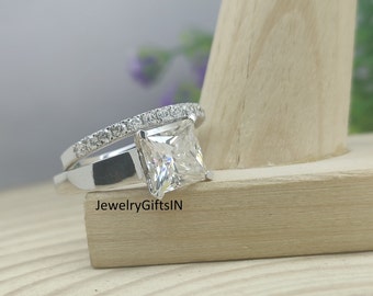 2.70Ct(8MM)Princess Cut White Moissanite Engagement Ring Set-Solid White Gold Ring Set-Solitaire Ring And Band-CZ Ring-Bridle Ring Set