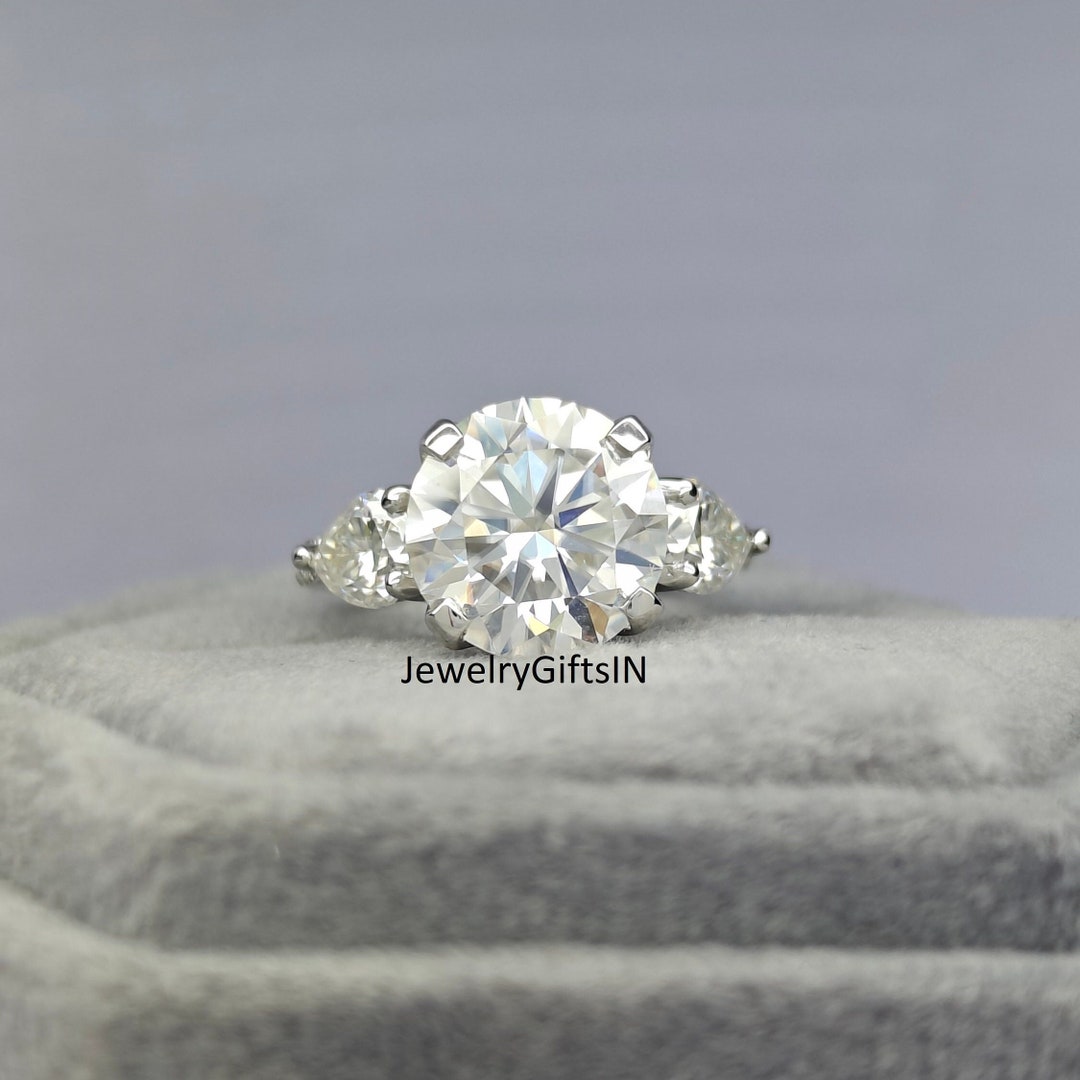 3 Stone 11MM(4.85 Ct)round & 7x5 Each (1.50ct) Pear Cut All Lab- Grown ...