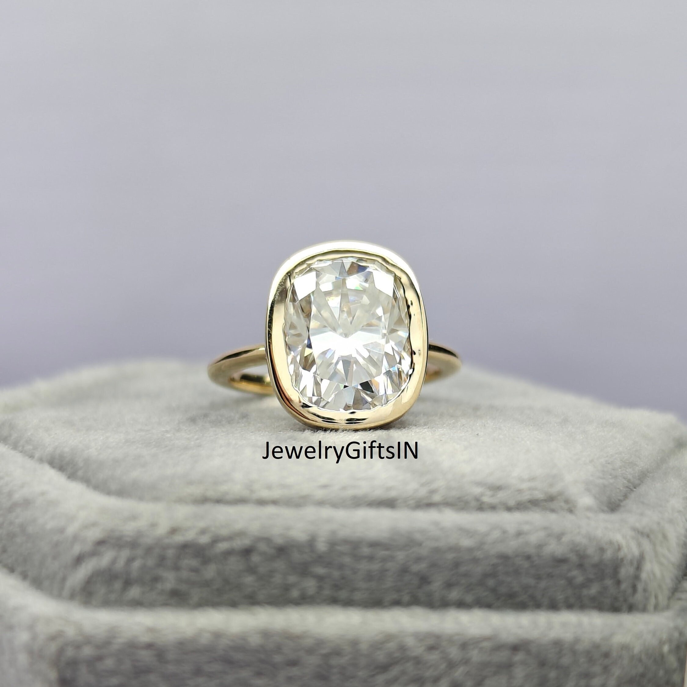 10x12 MM(3.70Ct) Cushion Cut White Moissanite Anniversary Ring-Bezel Ring-14k/18K Solid Yellow Gold-925 Silver Ring-CZ Ring Yellow Plated