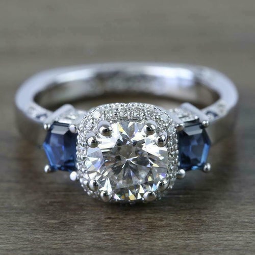Moissanite and Sapphire 3 Stone Engagement Ring Round Cut Etsy