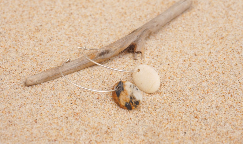 Pebble Earrings, Stone earrings, beach earrings, asymmetric earrings, simple earrings, pebbles beach earrings, hoop pebbles, mini pebbles. image 1