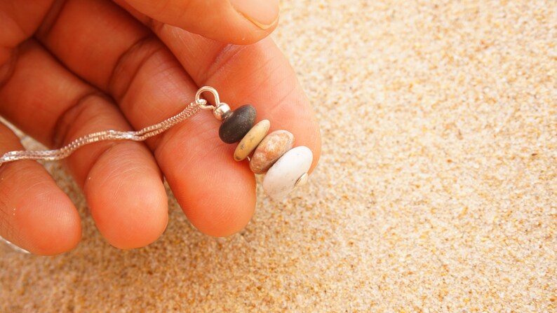 Pebble cairn pendant, silver and pebble, Zen stones pendant, Rock Balance necklace,Beach pebble necklace, Mini beach pebble necklace. image 2