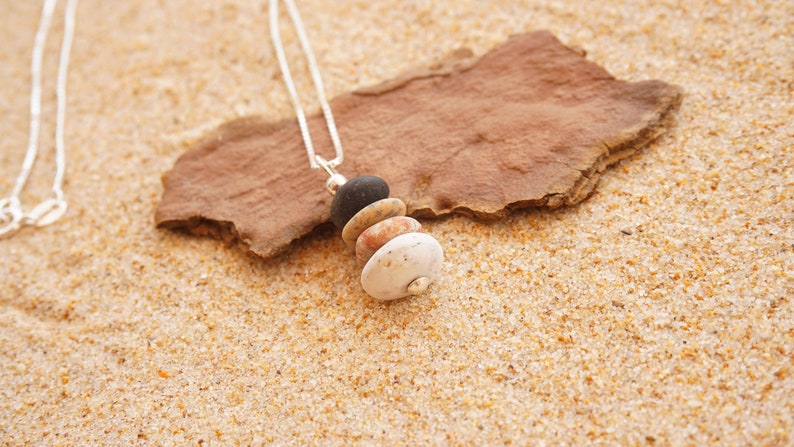 Pebble cairn pendant, silver and pebble, Zen stones pendant, Rock Balance necklace,Beach pebble necklace, Mini beach pebble necklace. image 1