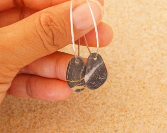 pebble hoop earrings, Pebble Earrings, Stone earrings, beach earrings, bohemian earrings, earrings for her, asymmetric pebble hoop earrings