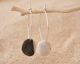 Pebble earrings, Stone earrings, beach earrings, beachwear, asymmetric earrings, wearable Nature, silver hoop earrings, wabisabi earrings,