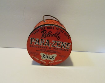 Vintage Reliable Para-zene moth killer tin container with hanger orange and black Halloween decor