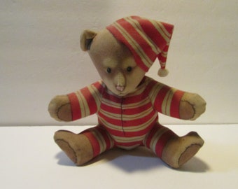 vintage Toy Works stuffed bear brown teddy bear in red sripe pajamas fabric stuffed animal 1992