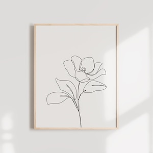 Magnolia Flower One Line Drawing, Flower Minimalist Printable Poster, Abstract Botanic Wall Art, Black And White Print, Continuous Line