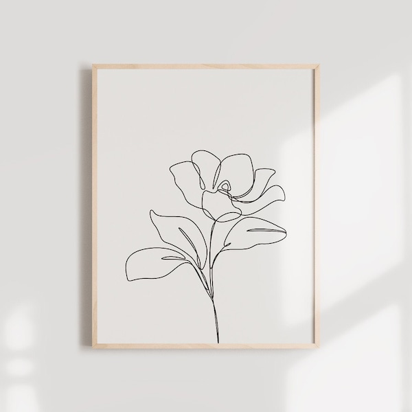 Magnolia Flower One Line Drawing, Flower Minimalist Printable Poster, Abstract Botanic Wall Art, Black And White Print, Continuous Line