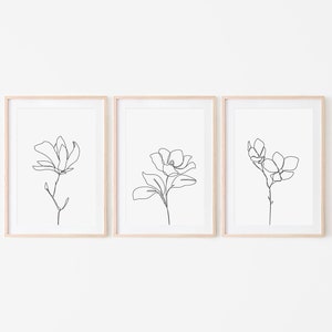 Magnolia Blume eine Linie Zeichnung Set von 3, minimalistische druckbare Poster, abstrakte botanische Wandkunst, schwarz und weiß Druck, kontinuierliche Linie