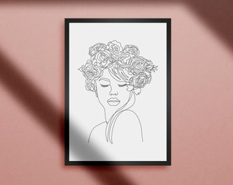 Woman with flowers print, Flowers line art, Head of flowers art print, Line Art Woman, Minimalist Line Drawing, black and white digital art