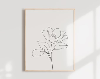 Magnolia Flower One Line Drawing, Flower Minimalist Printable Poster, Abstract Botanic Wall Art, Black And White Print, Continuous Line