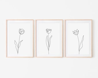Tulip flor una línea dibujo conjunto de 3, minimalista cartel imprimible, arte abstracto de la pared botánica, impresión en blanco y negro, línea continua de Tulip