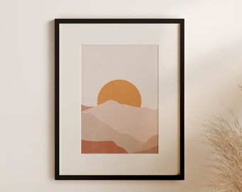 Sun Art Print, Sun Abstract Wall Art, Boho Art Print, Landscape Nature Wall Art, Mountains Poster, Minimalist Printable Art, Mid Century Art