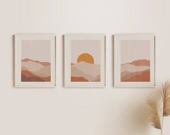 Conjunto de 3 impressões, impressão de sol e montanha, impressão de arte abstrata de colinas, arte de parede de paisagem, impressão de arte Boho, arte minimalista Boho para impressão
