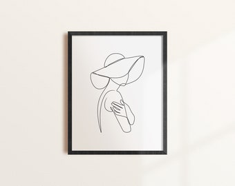 Woman With Hat Line Art, Female Wall Art, One Line Drawing, One Line Art, Single Line Drawing, Single Line Art, Abstract Fashion Sketch