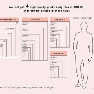 May include: A chart showing different sizes of printable files in inches and centimeters. The chart includes four different aspect ratios: 2x3, 3x4, and 4x5. The chart also includes a model height of 5'2" or 160 cm.