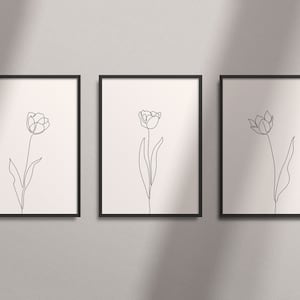 Conjunto de desenho de uma linha de flor de tulipa com 3, pôster minimalista para impressão, arte botânica abstrata de parede, impressão em preto e branco, linha contínua de tulipa