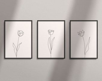 Tulip flor una línea dibujo conjunto de 3, minimalista cartel imprimible, arte abstracto de la pared botánica, impresión en blanco y negro, línea continua de Tulip