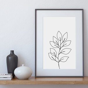 Leaf one line drawing, Minimal plant Printable Poster, Abstract botanic wall art, black and white print, continuous line wall decor