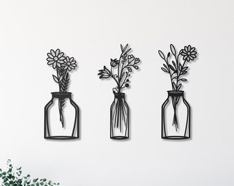 3 Pieces Spring Flowers Metal Wall Art, Living Room Wall Art, Kitchen Decoration, Flowers in Vase Metal Wall Decor, Floral Metal Wall Art