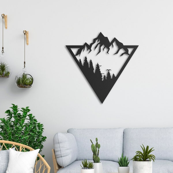 Mountain Forest Metal Wall Art: Geometric Nature Decor