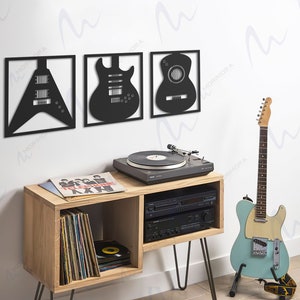 3 piezas de arte de pared de guitarra de metal, arte de pared musical, arte de pared de metal, decoración de pared de guitarra, regalos de guitarra eléctrica, arte de guitarra, letrero de guitarra