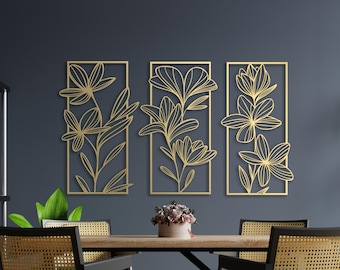 Set di 3 grandi decorazioni da parete in metallo, decorazioni da parete floreali in oro, decorazioni da parete per soggiorno, decorazioni da parete per camera da letto, decorazioni da parete, decorazioni da parete con fiori